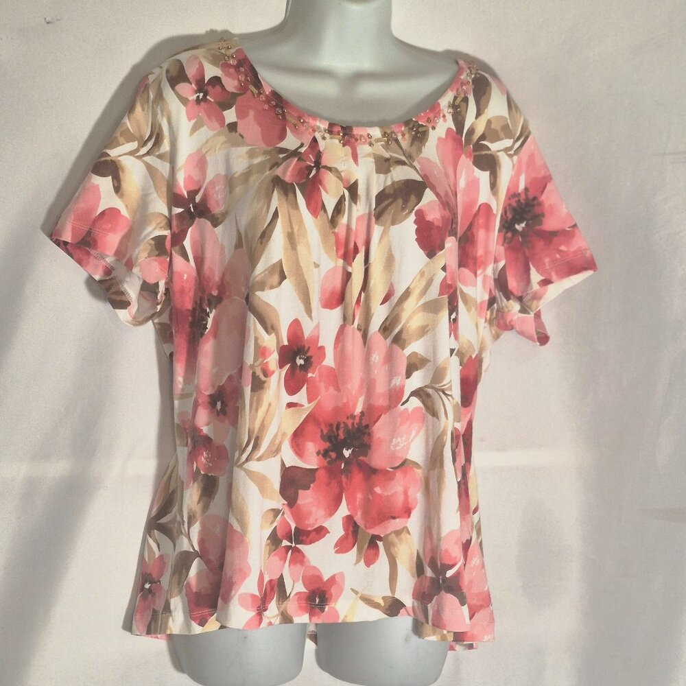 ALFRED DUNNER floral blouse,Pink/white/brown floral design w/ bling on neck. LG.